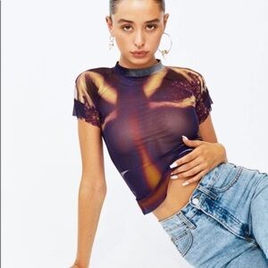 With Jean Purple Print High Neck Short Sleeve Mesh Lord Top